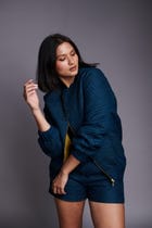Indigo Linen Unisex Quilted Bomber Jacket view 10