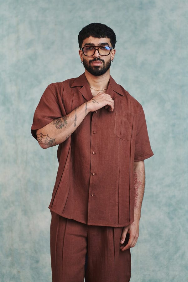 Saphed — Chocolate Linen Men's Pleated Camp Collar Shirt
