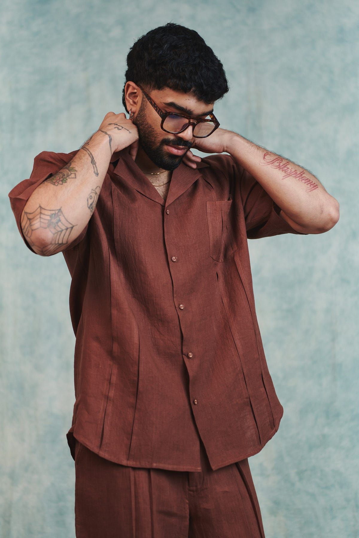 Chocolate Linen Men's Pleated Camp Collar Shirt - image 2