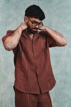 Chocolate Linen Men's Pleated Camp Collar Shirt view 2