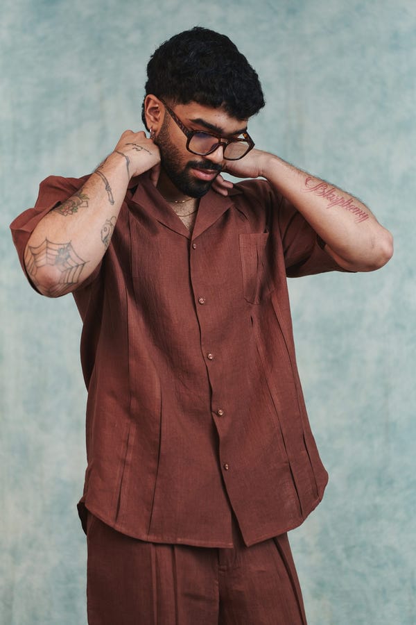 Saphed — Chocolate Linen Men's Pleated Camp Collar Shirt