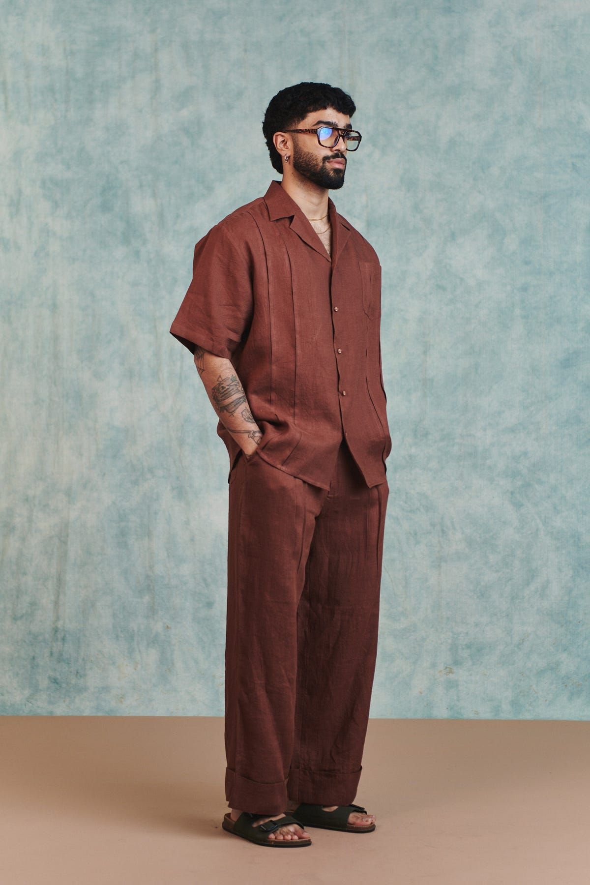 Chocolate Linen Men's Pleated Camp Collar Shirt - image 4
