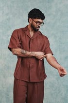Chocolate Linen Men's Pleated Camp Collar Shirt view 5