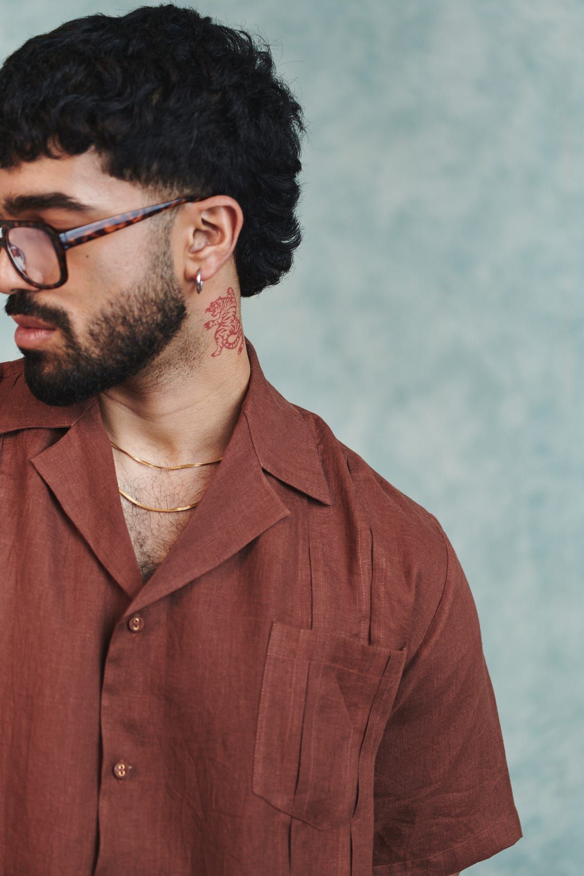 Chocolate Linen Men's Pleated Camp Collar Shirt - image 6