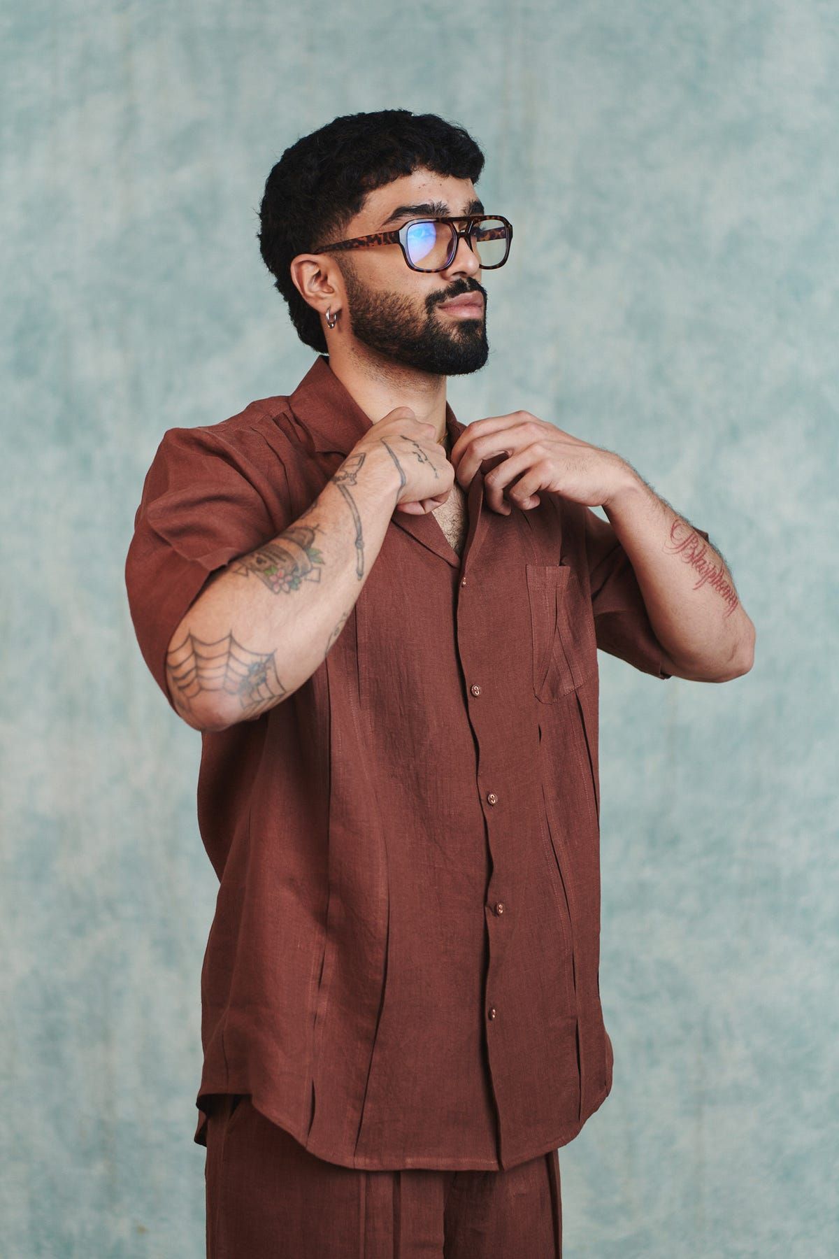 Chocolate Linen Men's Pleated Camp Collar Shirt - image 8