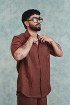 Chocolate Linen Men's Pleated Camp Collar Shirt view 8