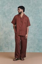 Chocolate Linen Men's Pleated Camp Collar Shirt view 9