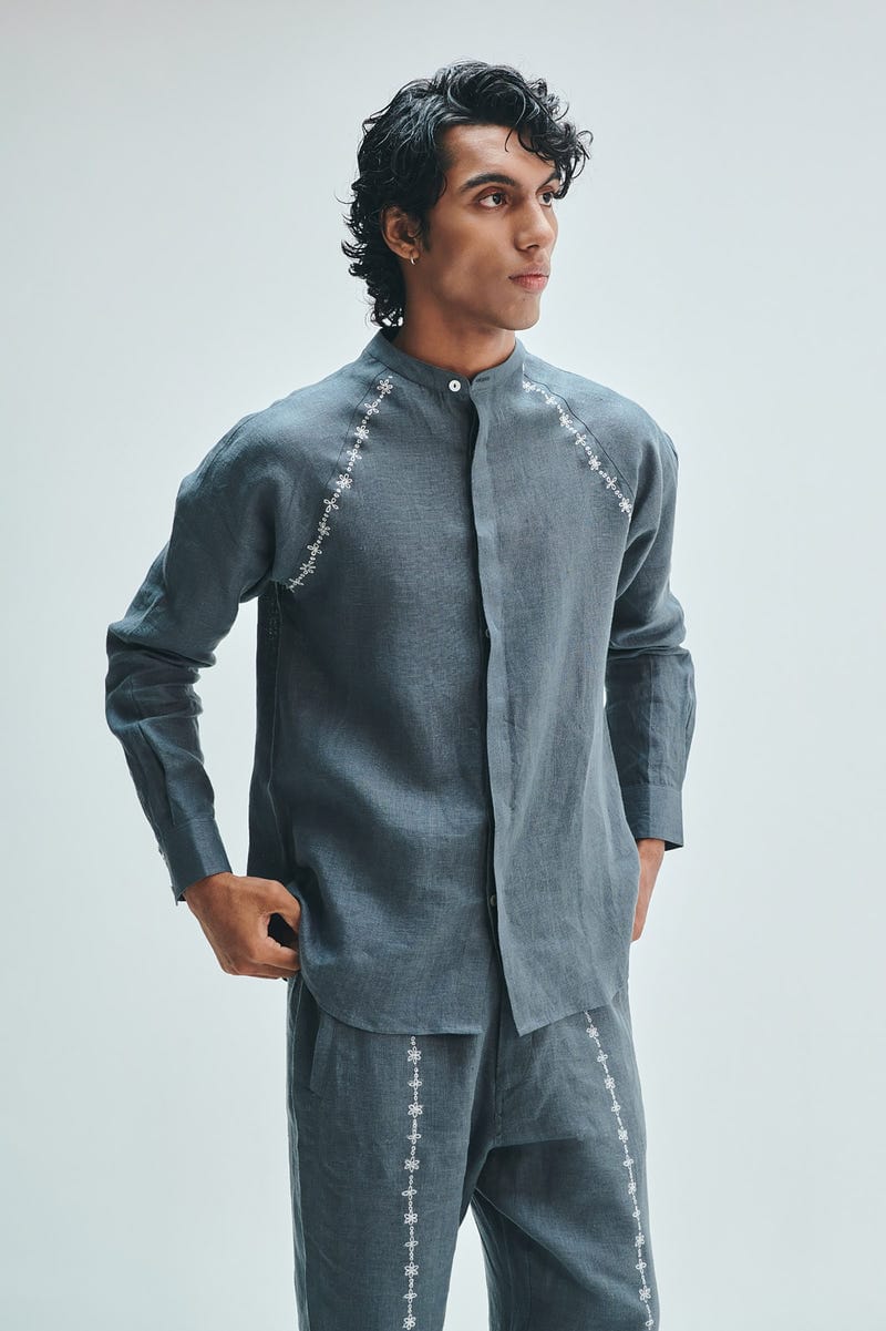 Slate Linen Embroidered Men's Raglan Shirt