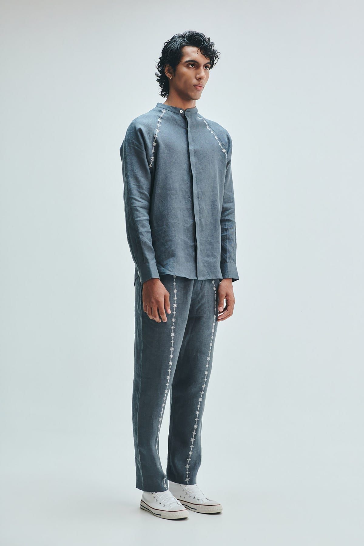 Slate Linen Embroidered Men's Raglan Shirt - image 3