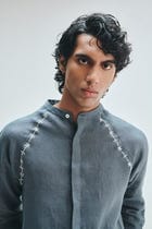 Slate Linen Embroidered Men's Raglan Shirt view 6