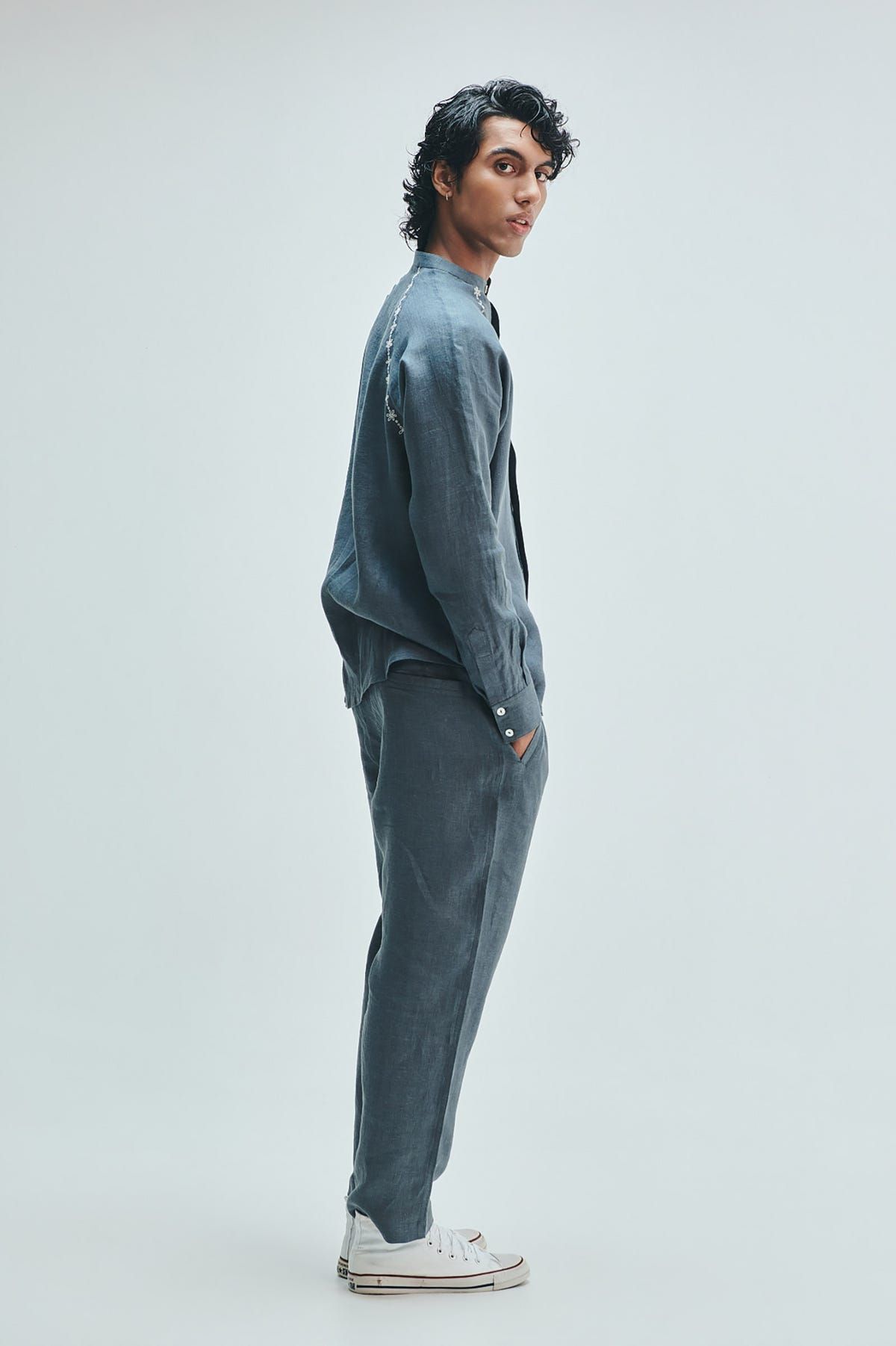Slate Linen Embroidered Men's Raglan Shirt - image 10