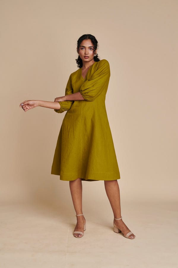 Saphed — Mehendi Linen Billow Dress