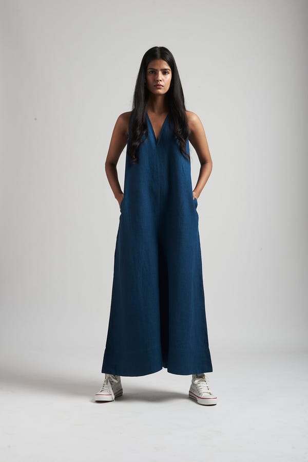 Saphed — Indigo Linen Flared Jumpsuit