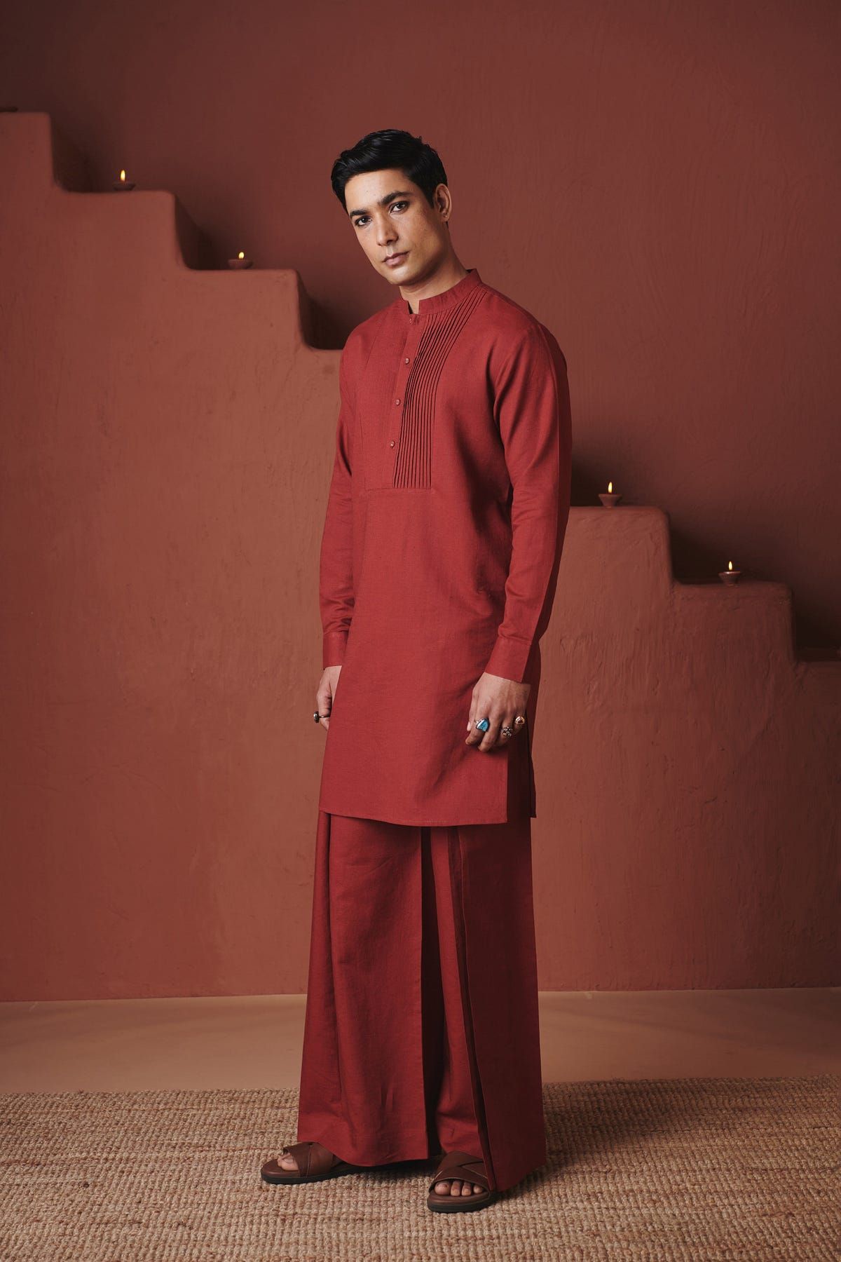 Brick Co-Linen Men's Pleated Yoke Kurta Set - image 1