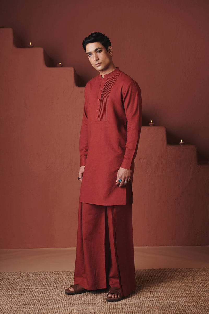 Brick Co-Linen Men's Pleated Yoke Kurta Set