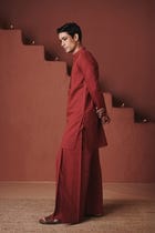 Brick Co-Linen Men's Pleated Yoke Kurta Set view 2