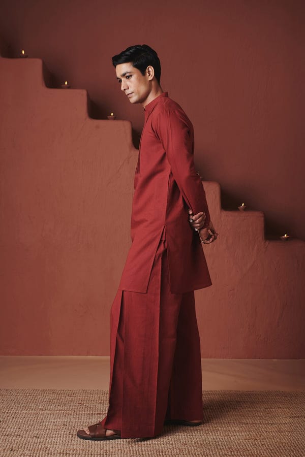 Saphed — Brick Co-Linen Men's Pleated Yoke Kurta Set