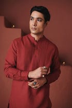 Brick Co-Linen Men's Pleated Yoke Kurta Set view 4
