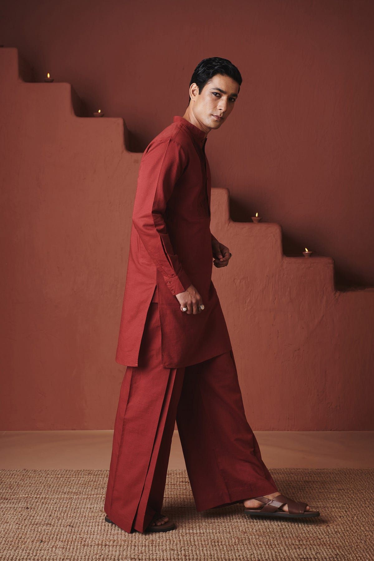 Brick Co-Linen Men's Pleated Yoke Kurta Set - image 6