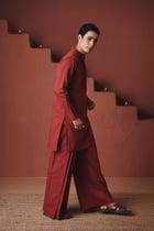 Brick Co-Linen Men's Pleated Yoke Kurta Set view 6