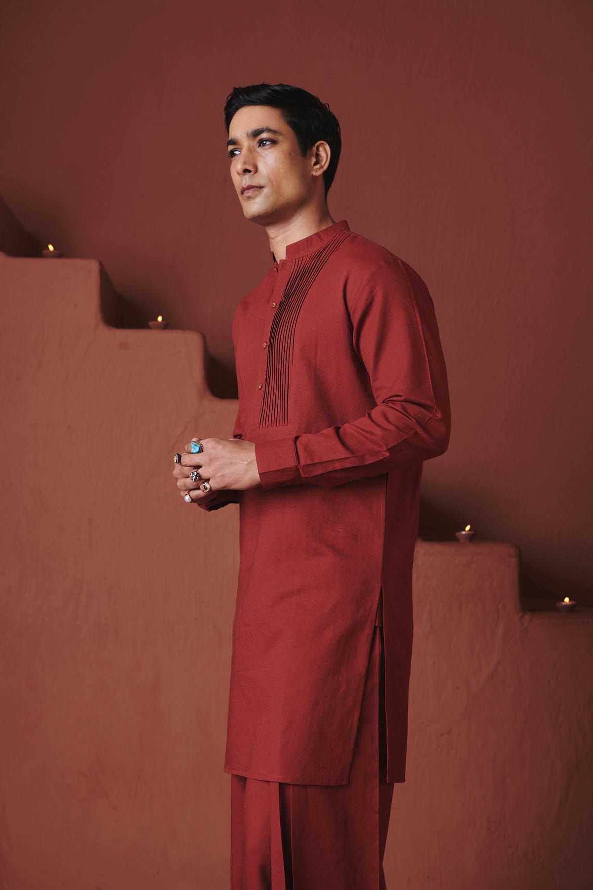 Brick Co-Linen Men's Pleated Yoke Kurta Set - image 7