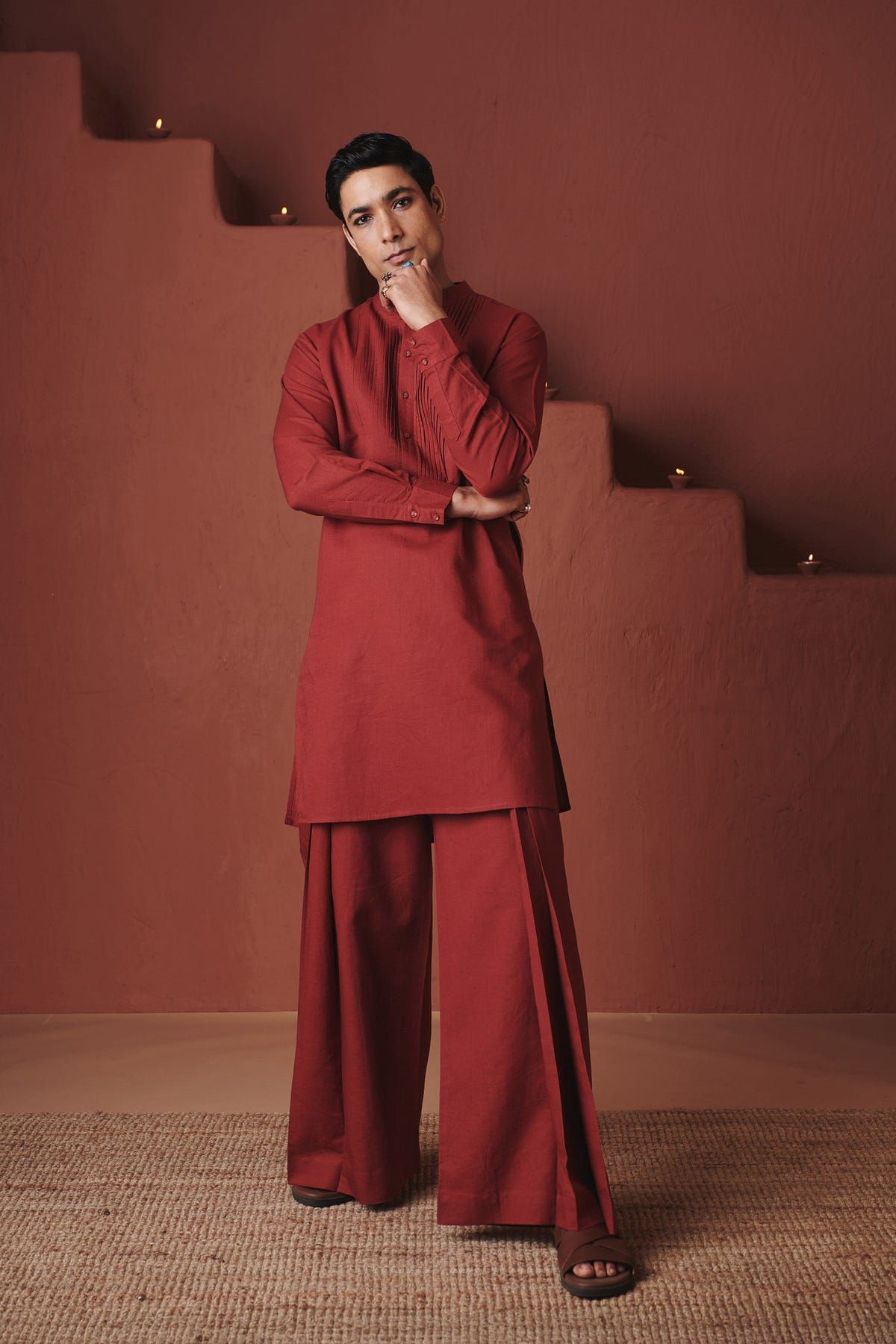 Brick Co-Linen Men's Pleated Yoke Kurta Set - image 9