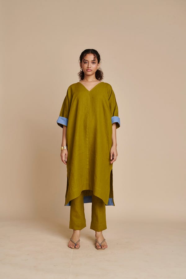 Saphed — Mehendi Linen Dolman Kurta Set