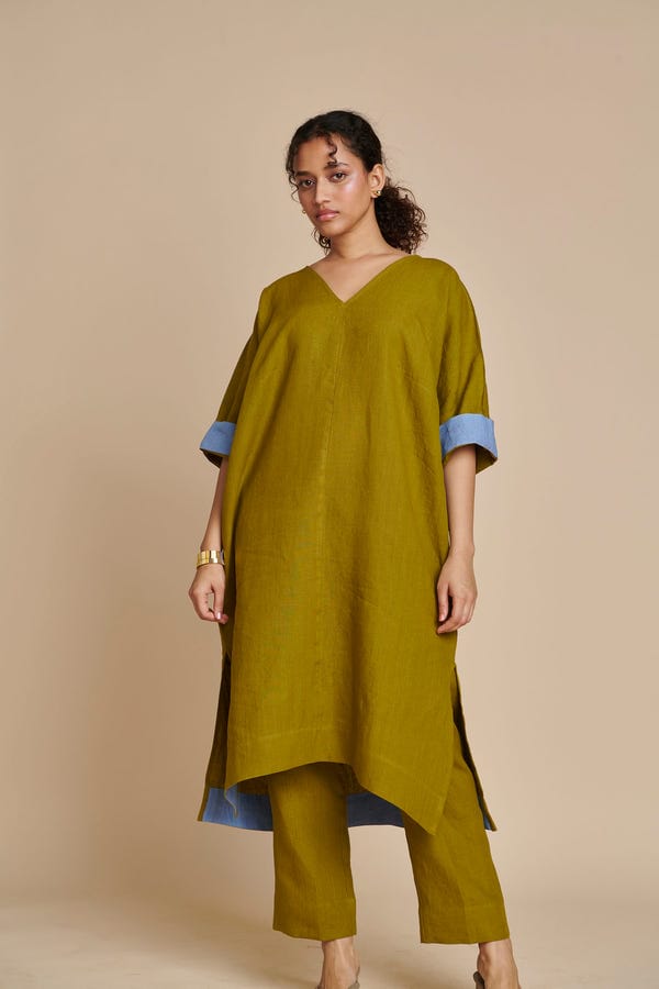 Saphed — Mehendi Linen Dolman Kurta Set