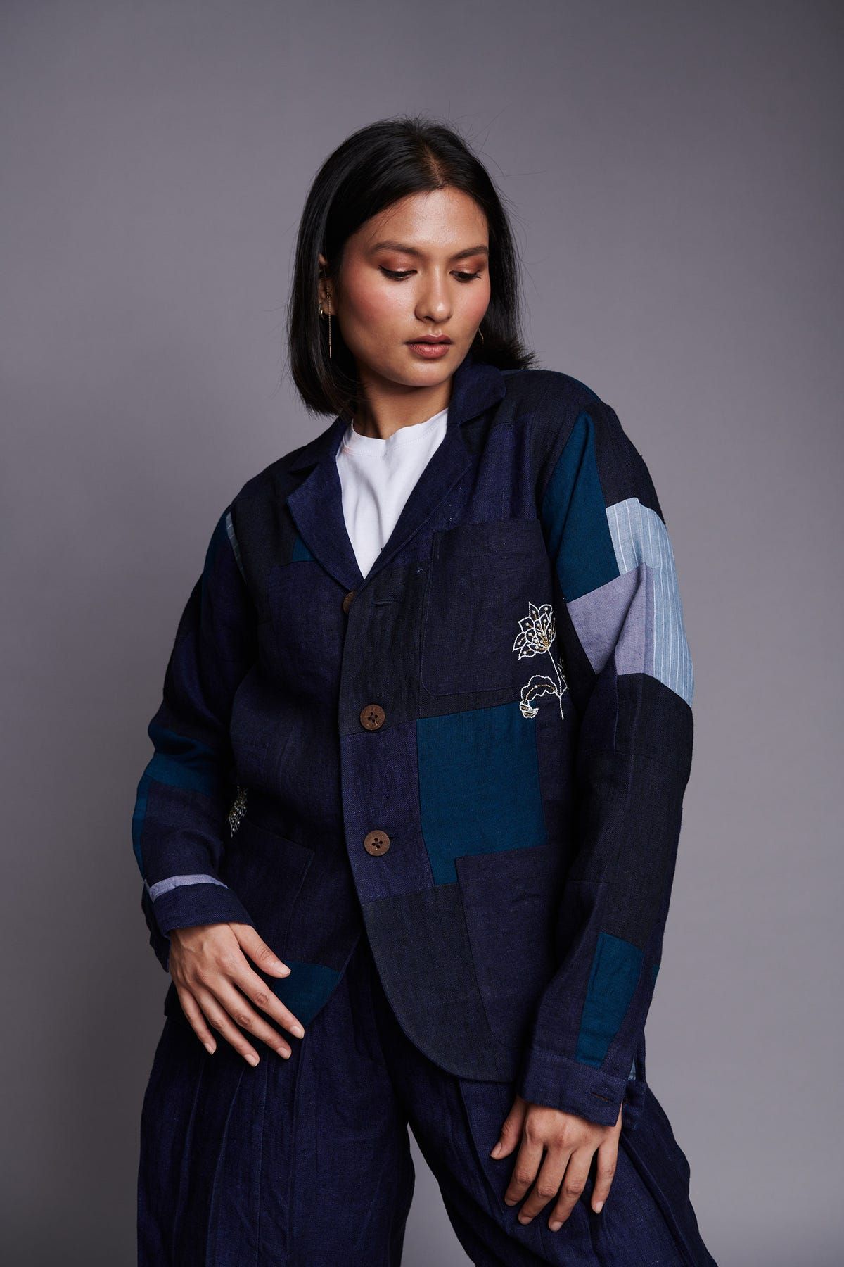 Patchwork Linen Embroidered Blazer - image 1