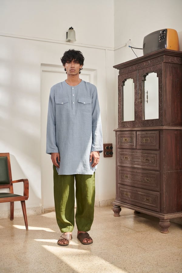Saphed — Sky Kai Linen Men's Round Hem Kurta Set - Sale