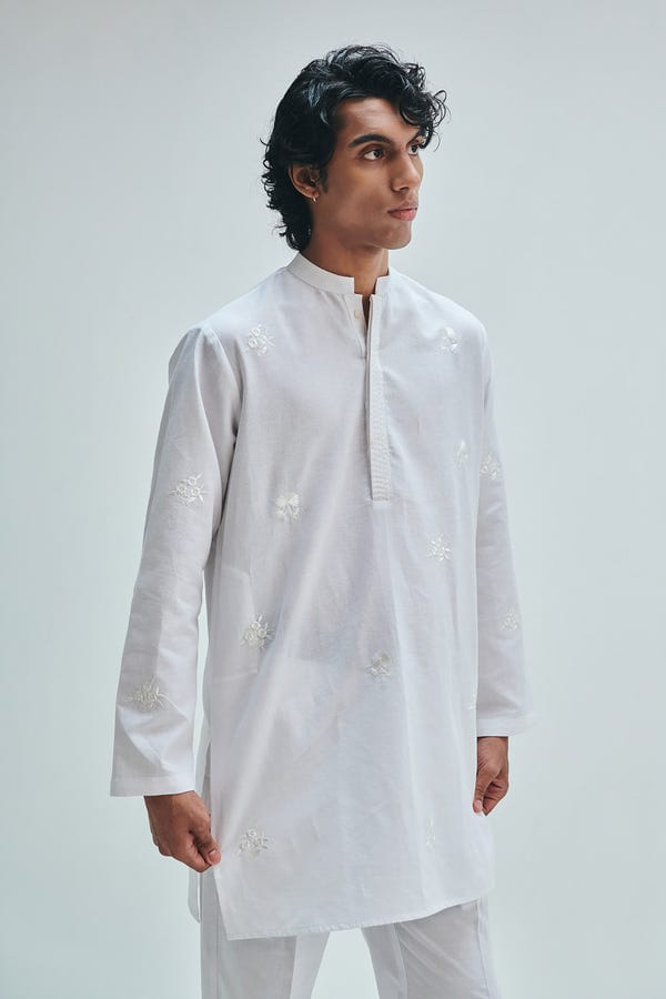 Saphed — Taj Co-Linen Embroidered Men's Band Collar Kurta