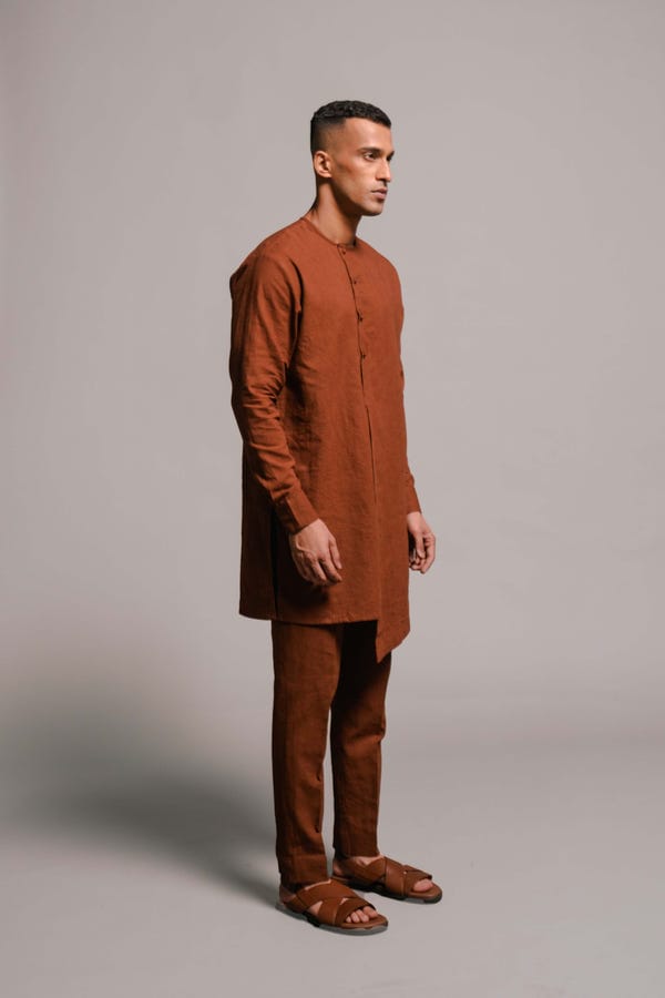 Saphed — Cinnamon Linen Men's Side Open Kurta Set