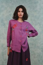 Berry Linen Embroidered Round Hem Shirt - Sale view 3