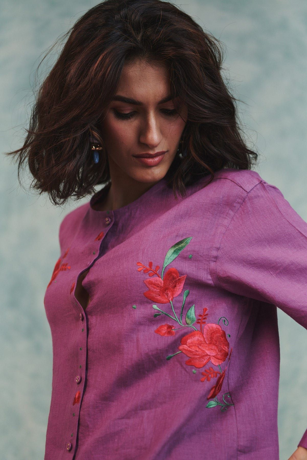 Berry Linen Embroidered Round Hem Shirt - Sale - image 4