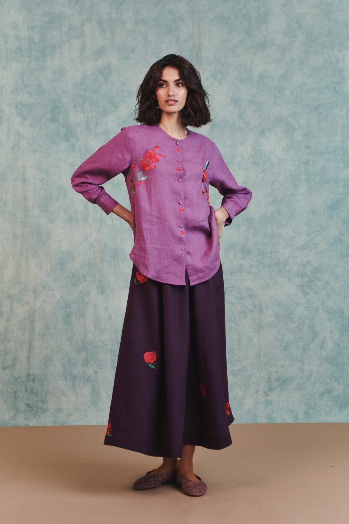 Berry Linen Embroidered Round Hem Shirt - Sale - image 7