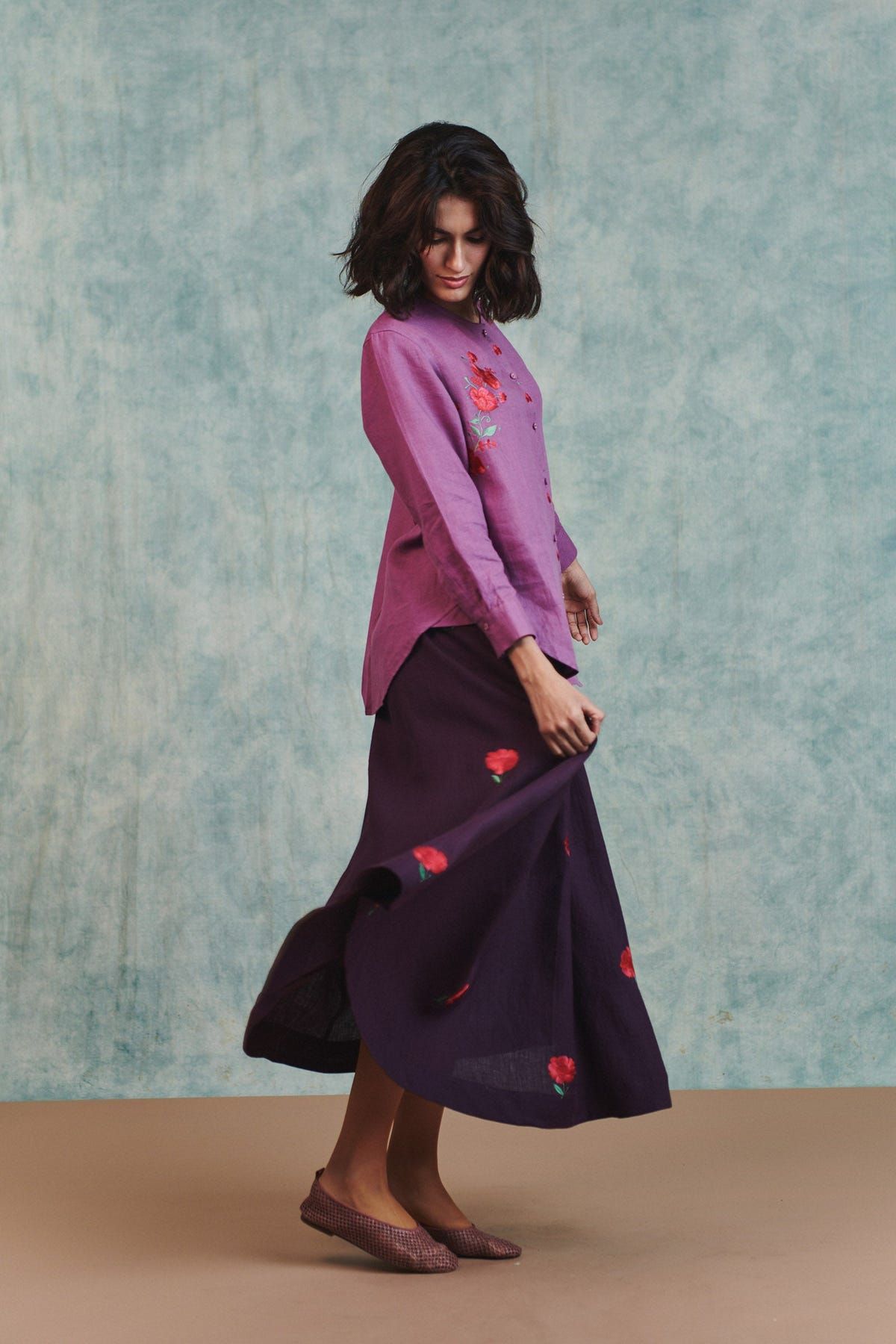 Berry Linen Embroidered Round Hem Shirt - Sale - image 8