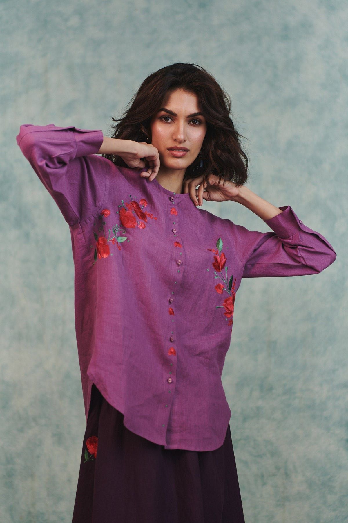 Berry Linen Embroidered Round Hem Shirt - Sale - image 9