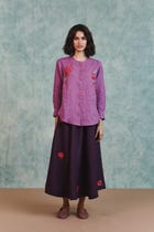 Berry Linen Embroidered Round Hem Shirt - Sale view 10