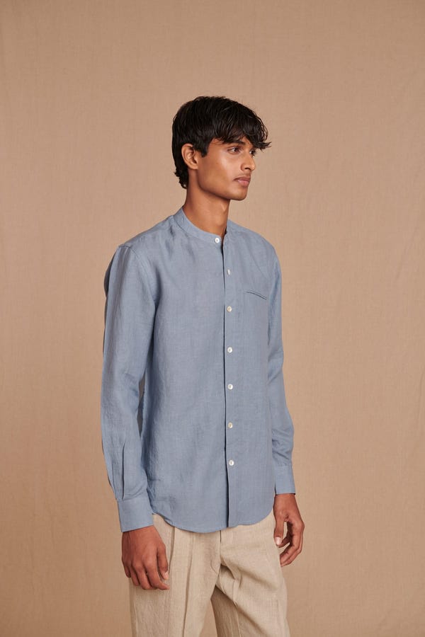 Saphed — Sky Linen Men's Band Collar Shirt – Slim Fit