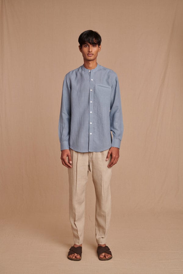 Saphed — Sky Linen Men's Band Collar Shirt – Slim Fit