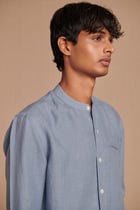 Sky Linen Men's Band Collar Shirt – Slim Fit view 4