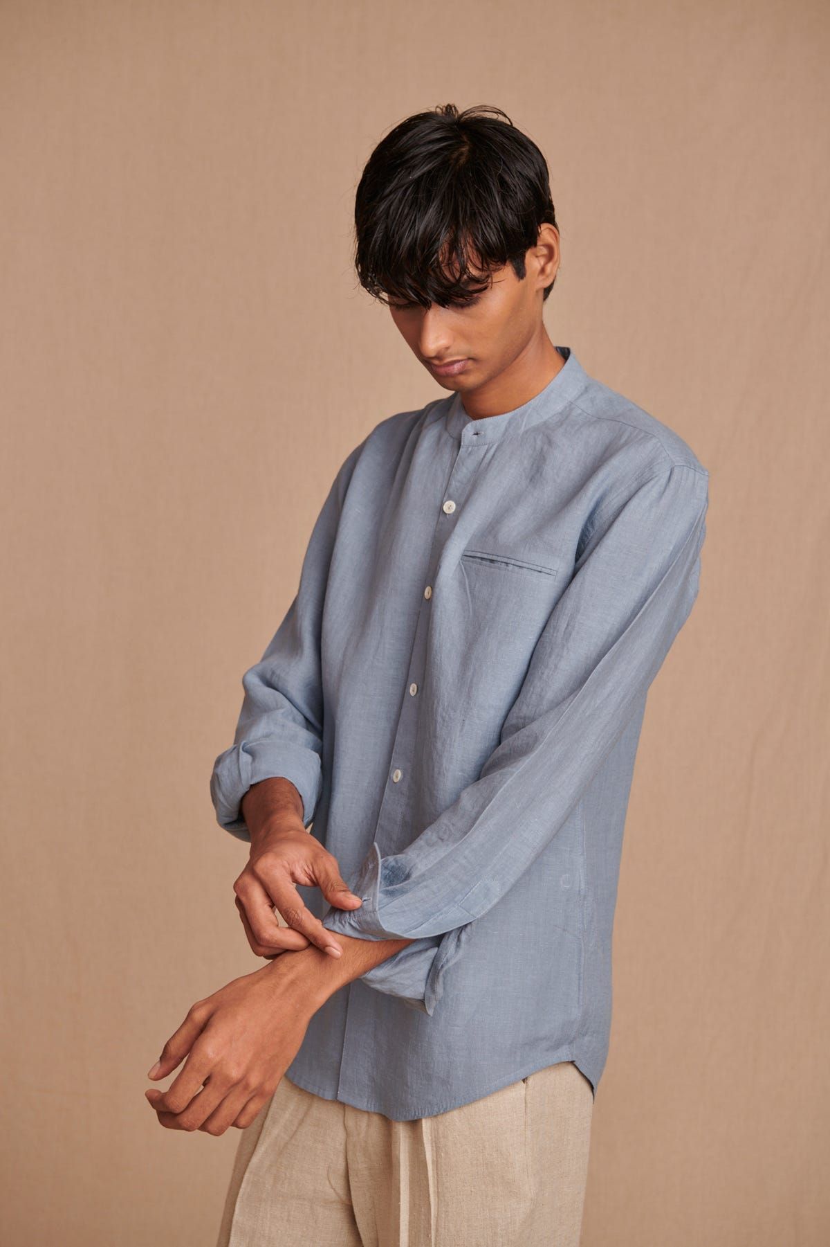 Sky Linen Men's Band Collar Shirt – Slim Fit - image 7