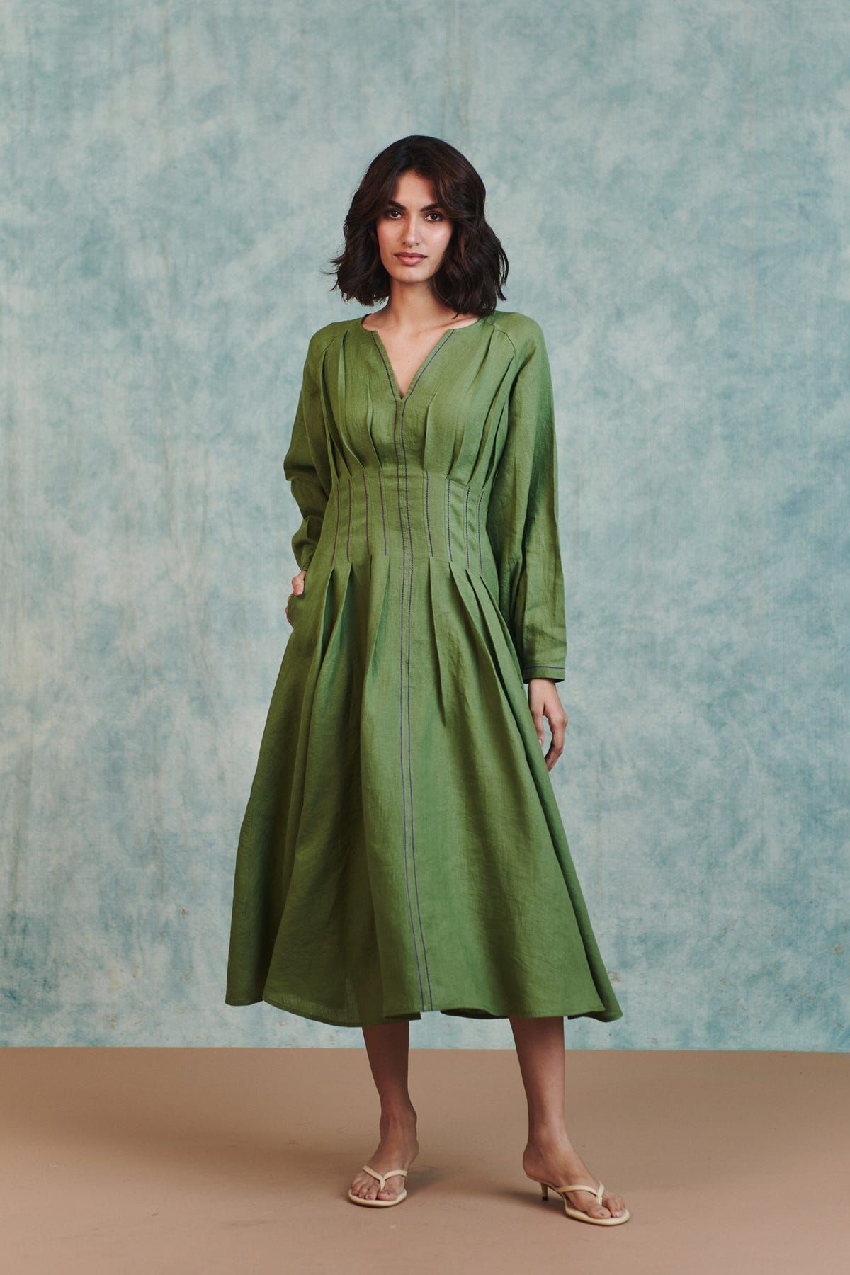 Moss Linen Pleated Waist Dress - image 1