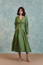 Moss Linen Pleated Waist Dress view 1