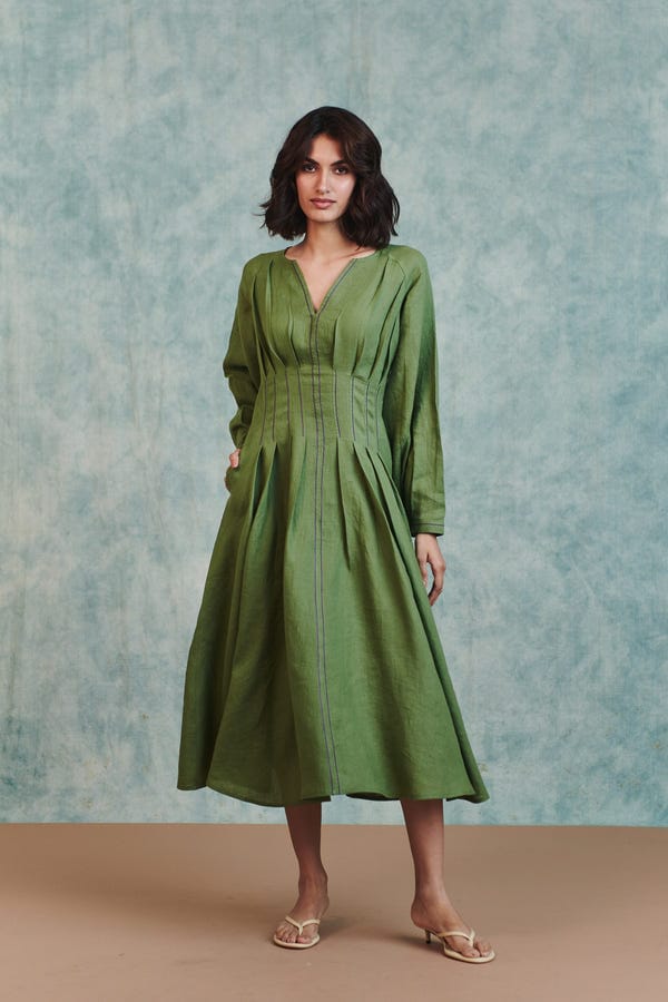 Saphed — Moss Linen Pleated Waist Dress