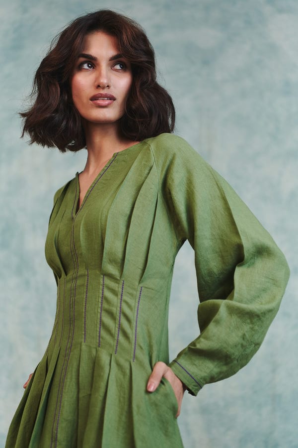 Saphed — Moss Linen Pleated Waist Dress