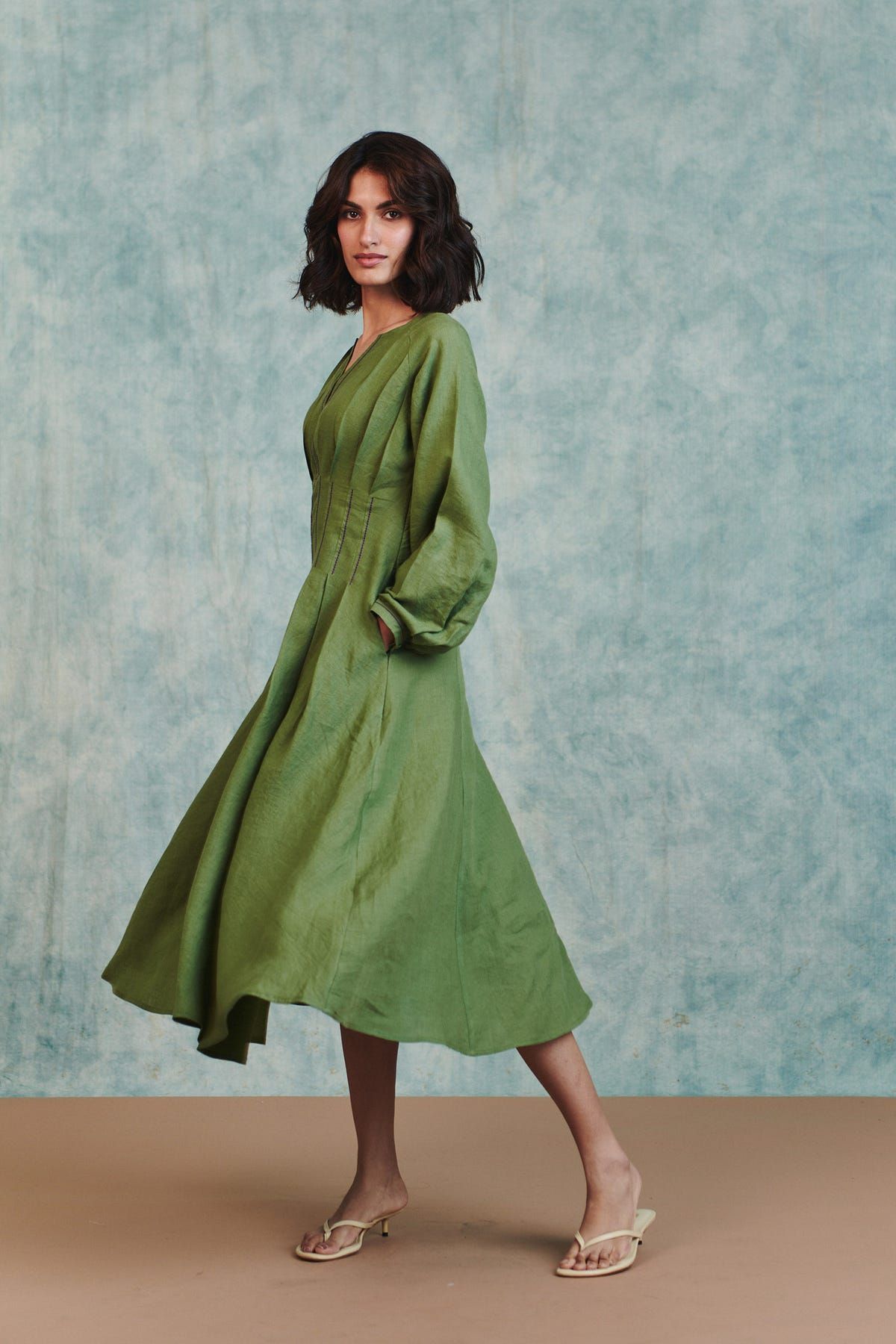 Moss Linen Pleated Waist Dress - image 3