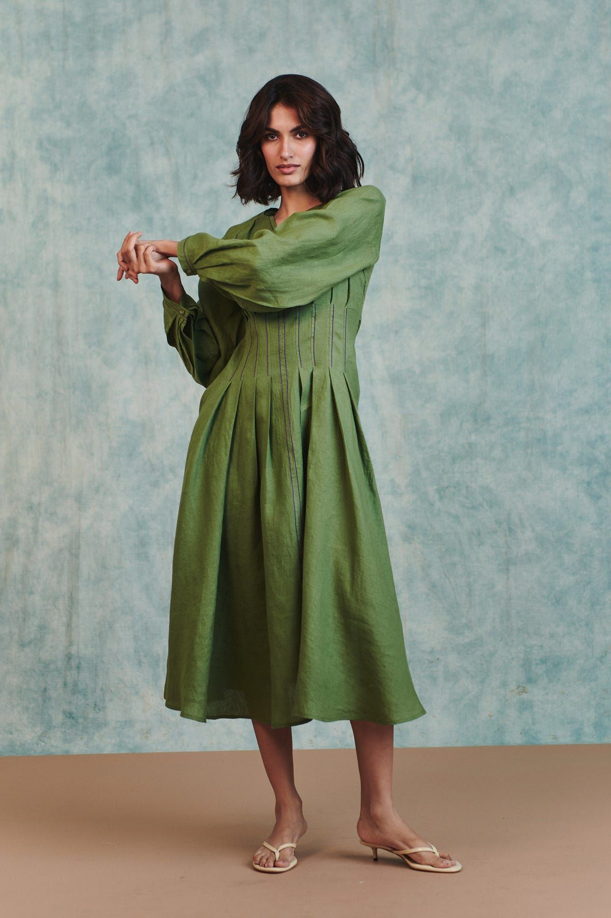 Moss Linen Pleated Waist Dress - image 7