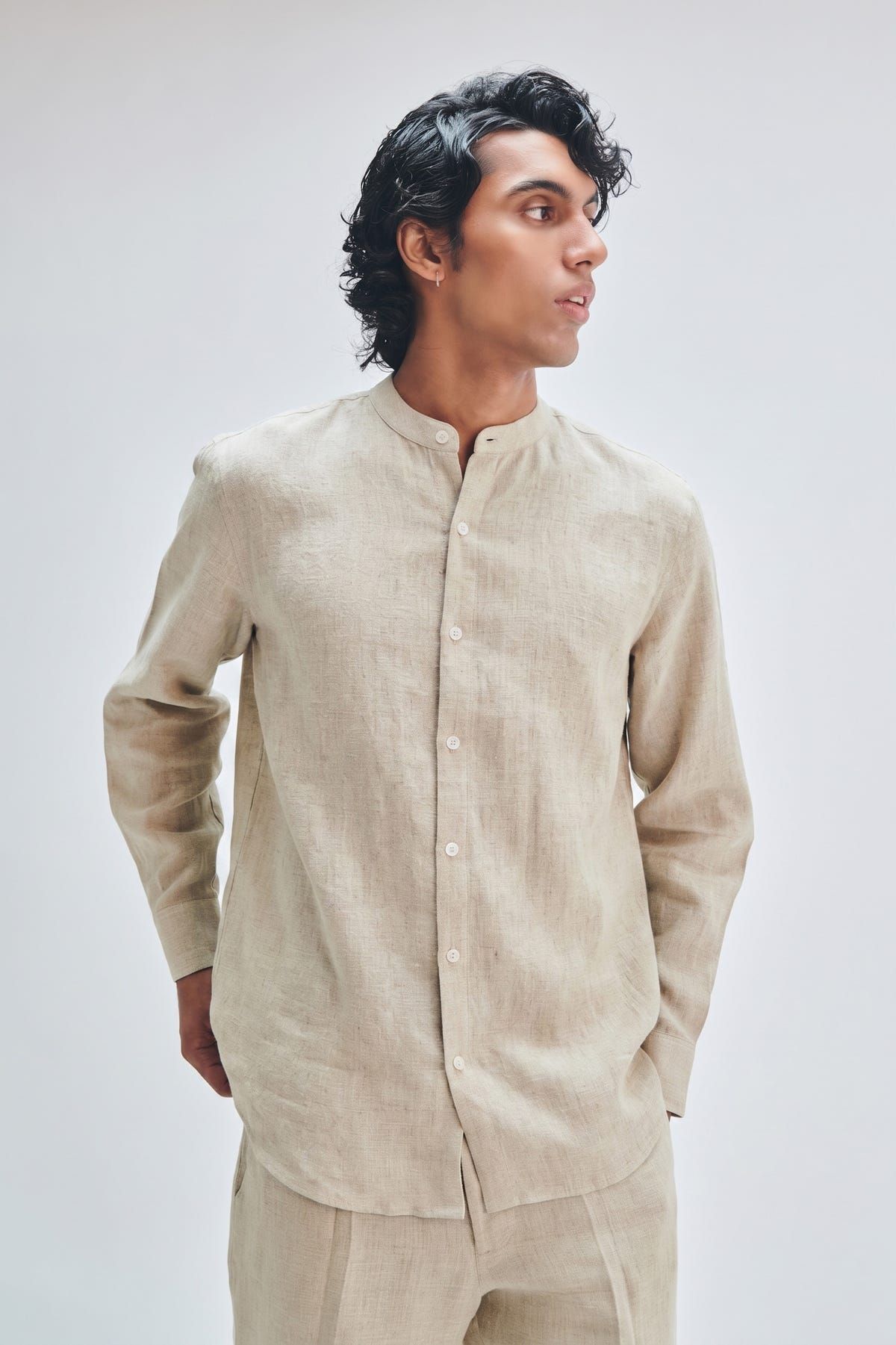 Undyed Linen Men's Band Collar Shirt - image 1