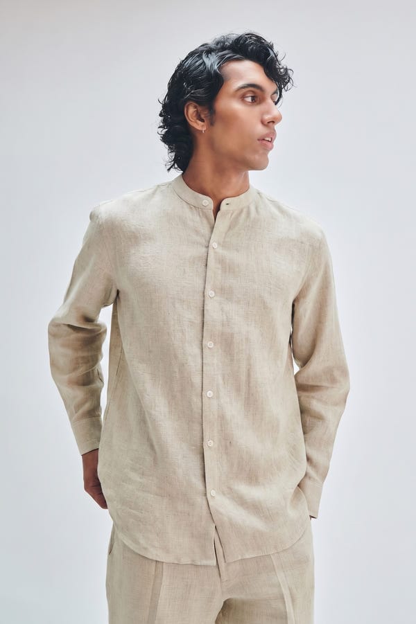 Saphed — Undyed Linen Men's Band Collar Shirt
